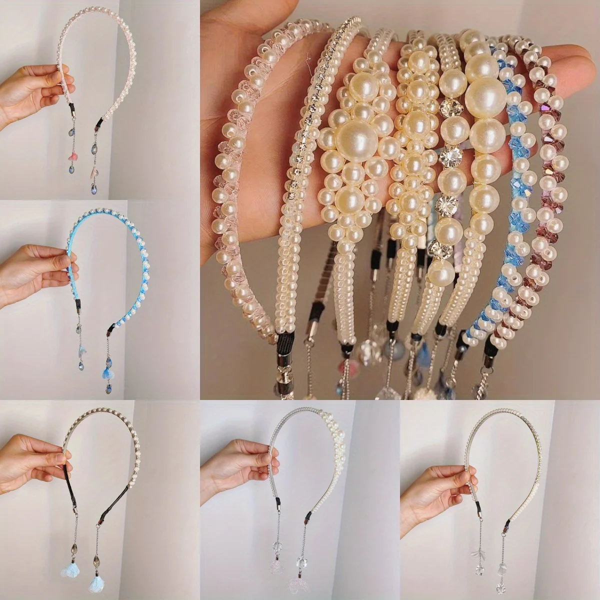 

Crystal Tassel Pearl Headbands for Women Girls Sweet Thin Earrings Rhinestone Hairbands Hair Hoops Ladies Bezel Hair Accessories