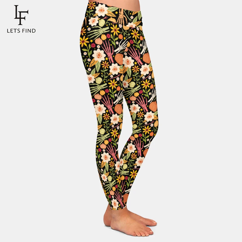 LETSFIND-Leggings femininas stretch full, cintura alta, padrão 3D de Halloween com ossos e elementos florais estampados, outono, novo