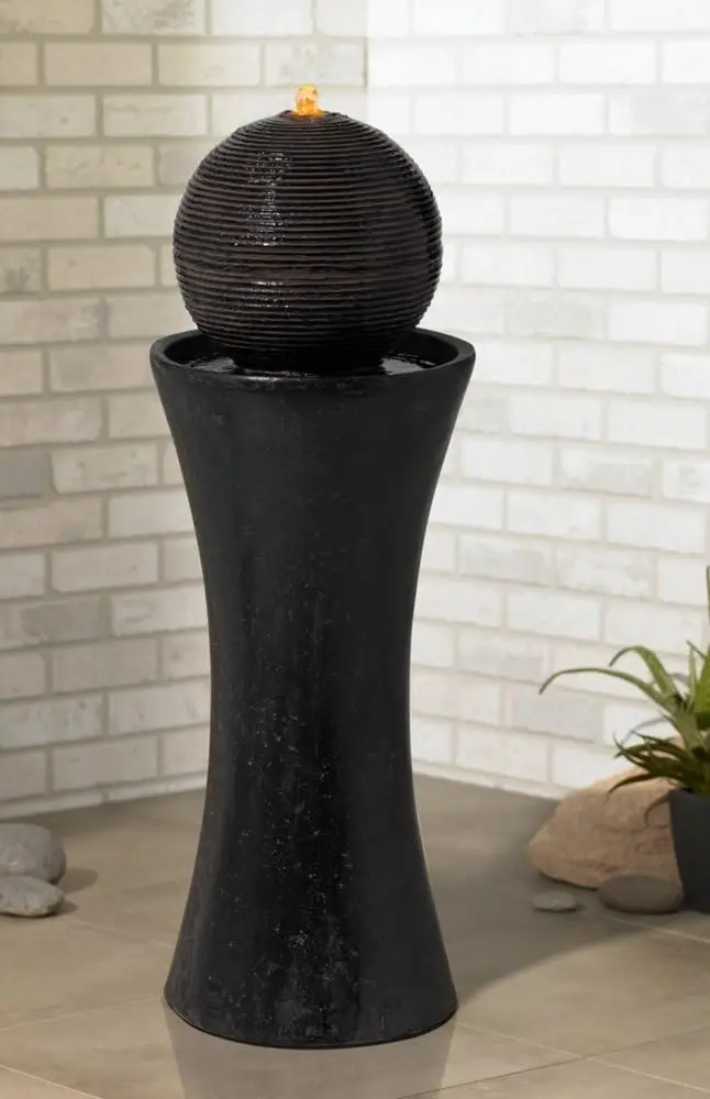 

Dark Sphere Modern Zen Outdoor Floor Water Fountain 30" High with LED Light Bubbler Pillar for Garden Patio Backyard Deck Home