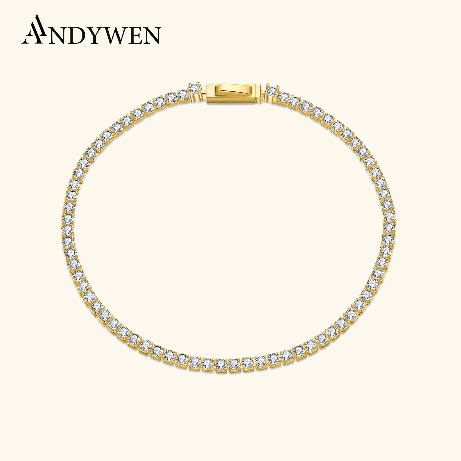 

ANDYWEN 925 Sterling Silver Large 2mmTennis Locker Chain Bracelet Women Luxury Wedding Jewelry 2022 Crystal Jewels Clips