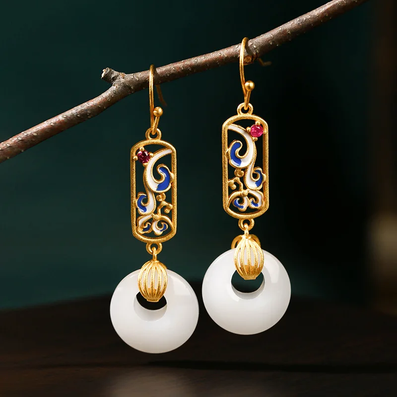 

Chinese style safety buckle high-end round face slimming imitation jade enamel earrings