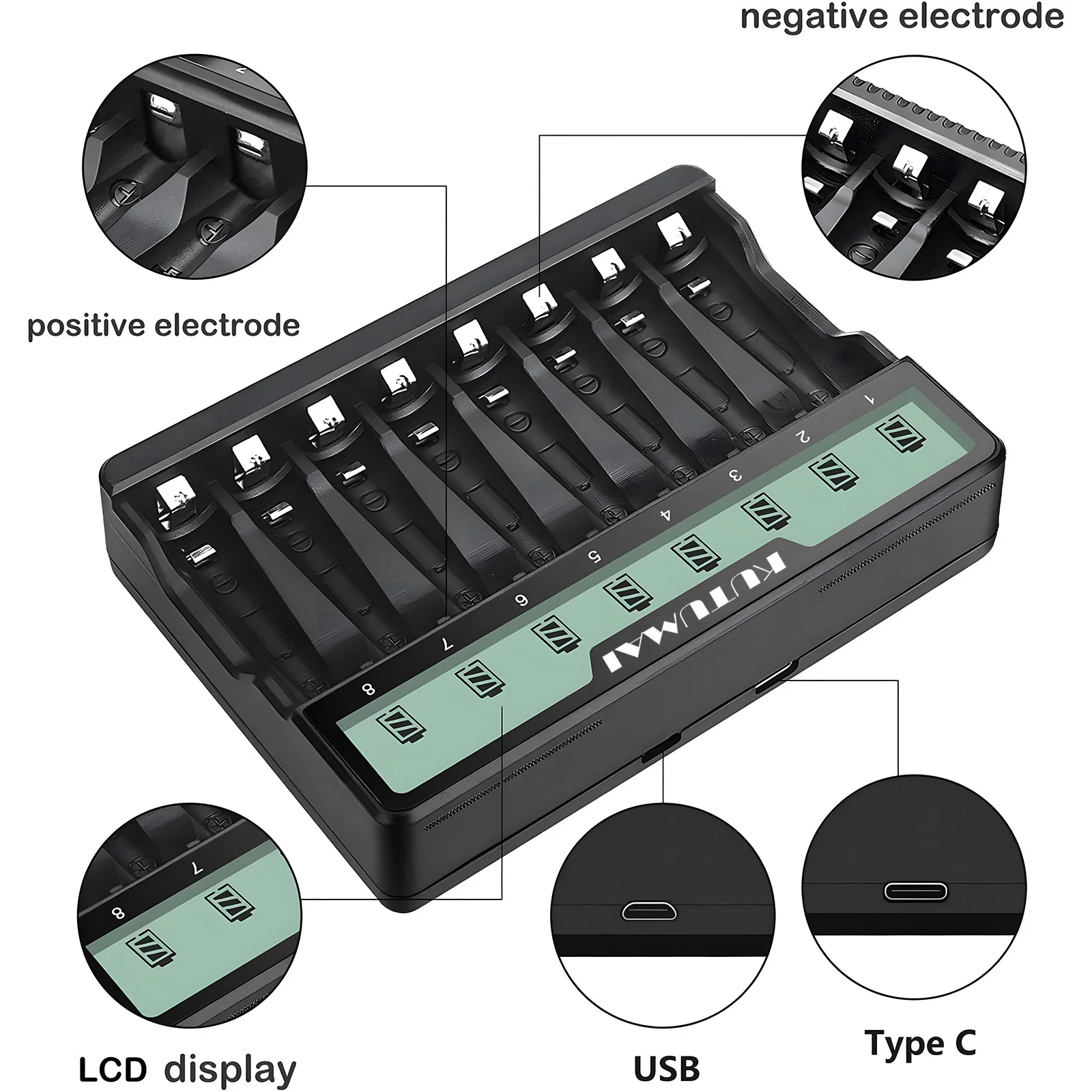 8 Slots Battery Charger with LED Display and USB Port Fast Charging for 1.2V AA/AAA Ni-MH Ni-Cd Batteries (Battery not included)