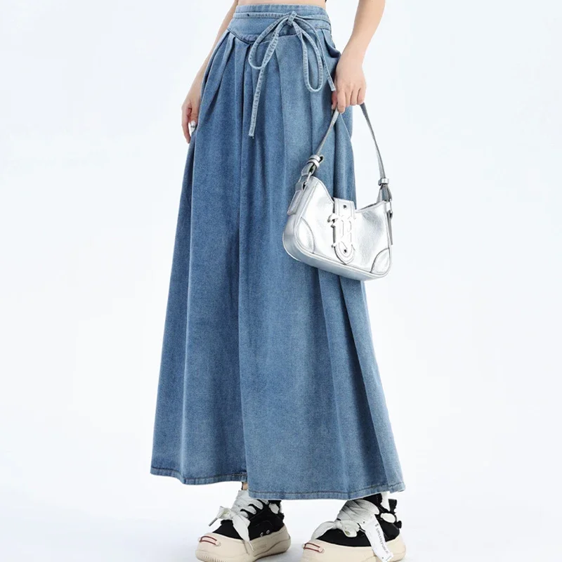 Women High Waist Fashion Loose Denim Skirt Girls Long Pleated A Line Dress Female Elegant Deep Blue Light Blue Skirts Large Size