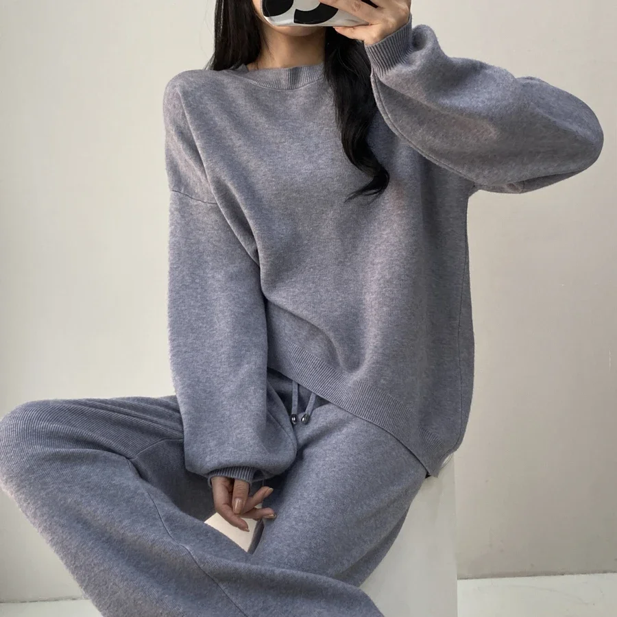 Women Winter Warm Knitted Tracksuits Korean Casual Long Sleeve Pullover Sweater+high Waist Wide Leg Long Pants Set For Women