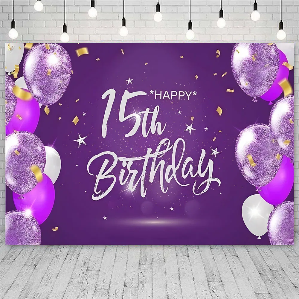 Happy 15th Birthday Party Decoration Banner Backdrop for Boys Girls Fifteen 15 Years Old Black Gold Navy Blue Silver Background