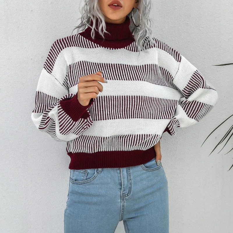 

Tops Women Knitted Striped Sweater Pullovers 2023 Winter New Hollow Lantern Long-Sleeve Turtleneck Sweater Woman Casual Knitwear