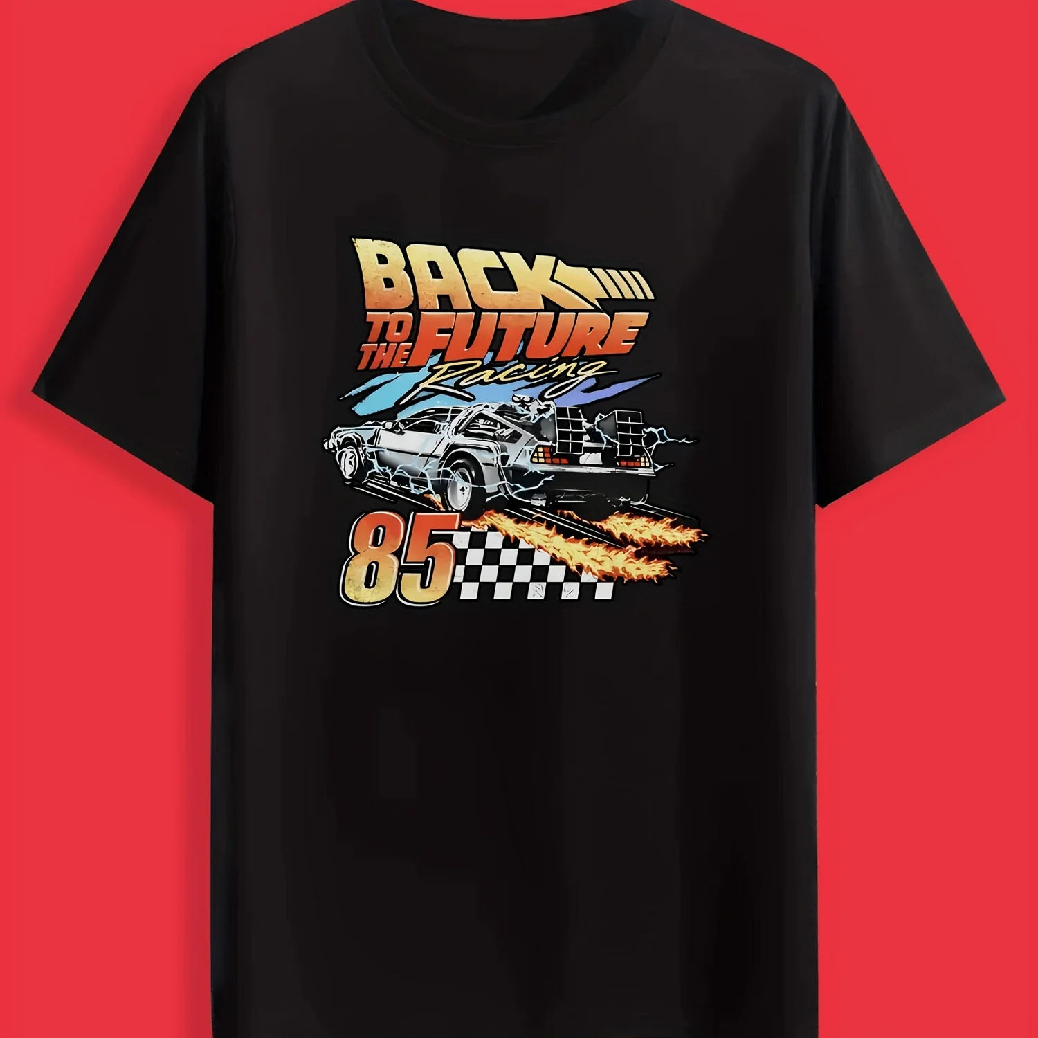 

Men's Retro Back to the Future Delorean Time Machine Graphic T-Shirt - Black with 85 Racing Design & Checkered Flag Print, Marty Mcfly's Car from Bttfie, Casual Crewneck Tee for Fans