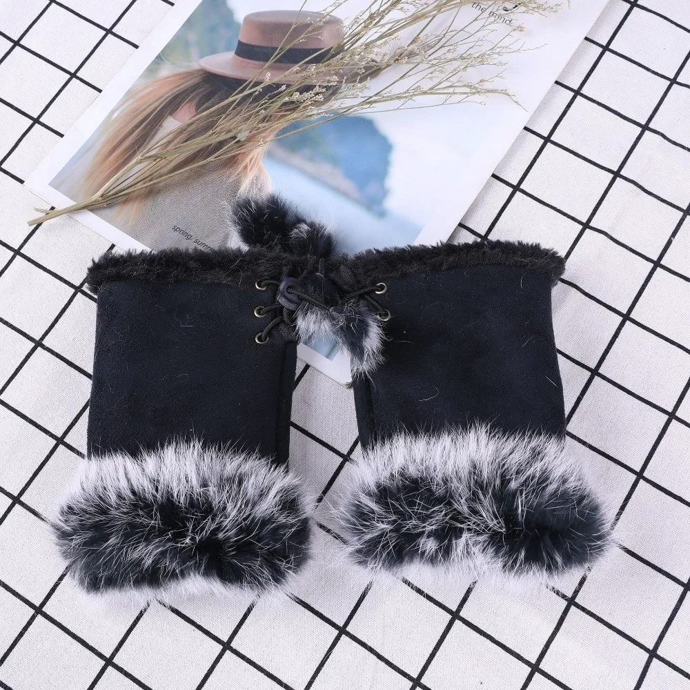 Fashion Suede Leopard Print Gloves Soft Stretch Warm Fingerless Mittens Windproof Thicken Wrist Warmers Winter