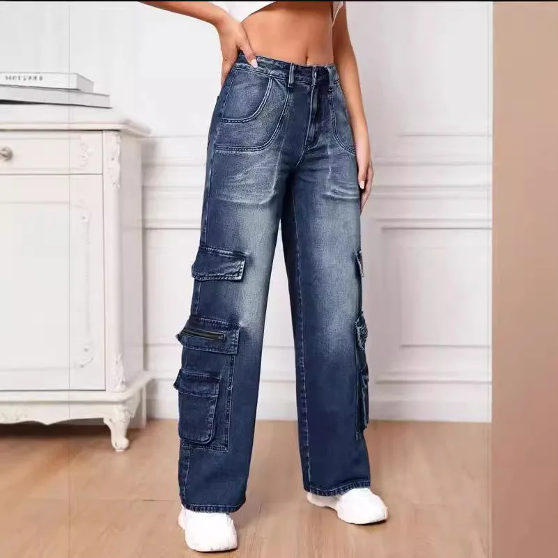 

Multi-pocket Cargo Denim Wide-leg Pants. Women's Spring and Autumn New Fashion Loose Casual Wide-leg Jeans. Women's Streetwear