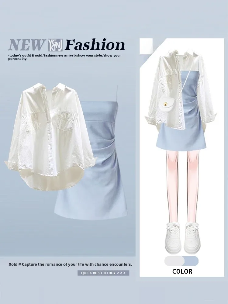 

Unique Design Women's Sun Protection Shirt Blue Strap Dress Long Sleeve round Neck Button Casual Style Autumn Fashion Set