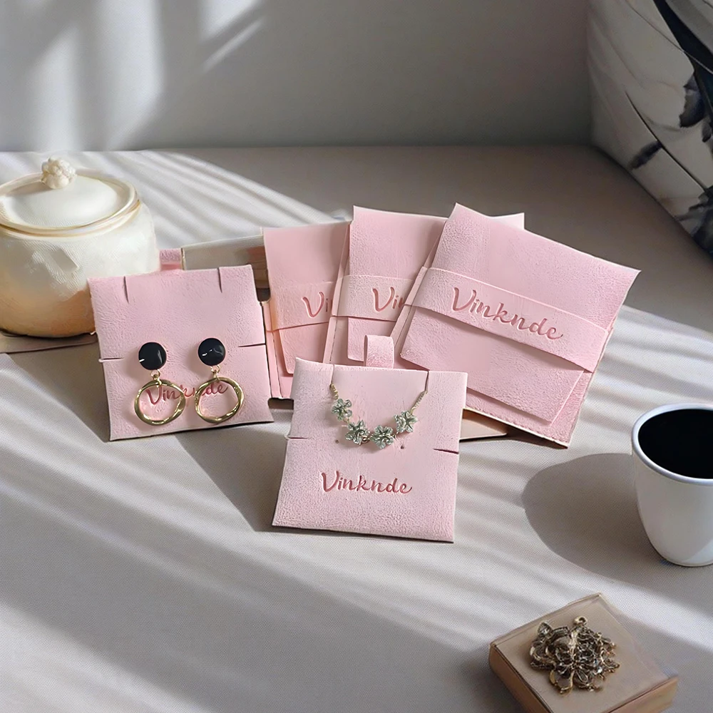 

Pink Bag And Card Set Personalized Logo Earrings Necklace Jewelry Packaging & Display Pouches With Insert Pad Travel Organizer