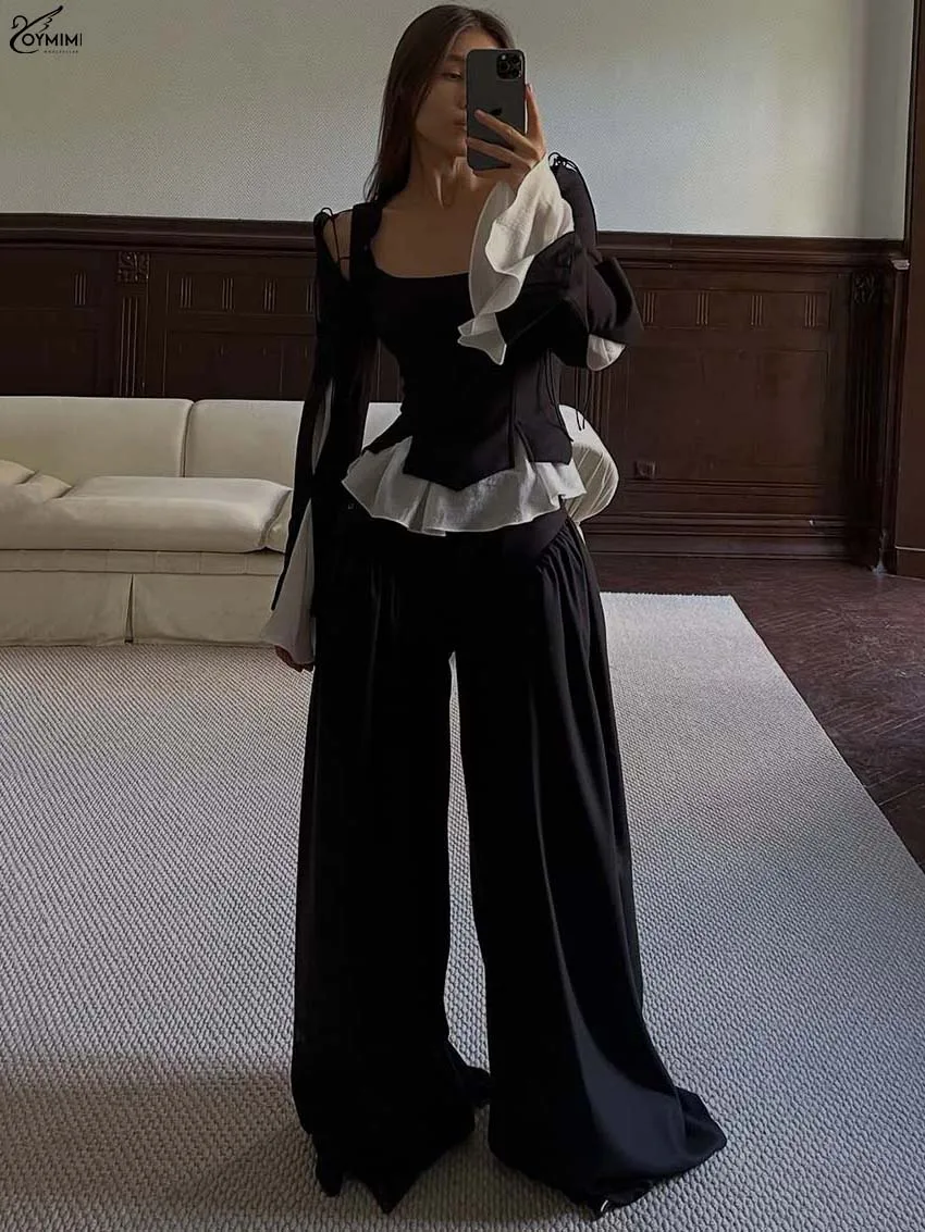 

Oymimi Fashion Black Patchwork Women' S Clothes 2 Piece Sets Elegant O-Neck Long Sleeve Hollow Out Blosues + Straight Skirts Set