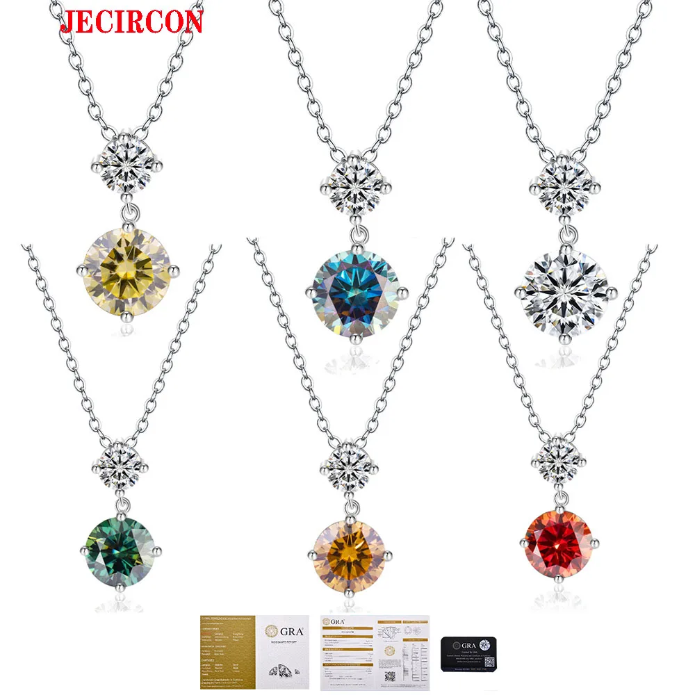 

JECIRCON S925 Sterling Silver Moissanite Necklace for Women Double Classic 4 Claws Round Pendant Simple All-match Clavicle Chain