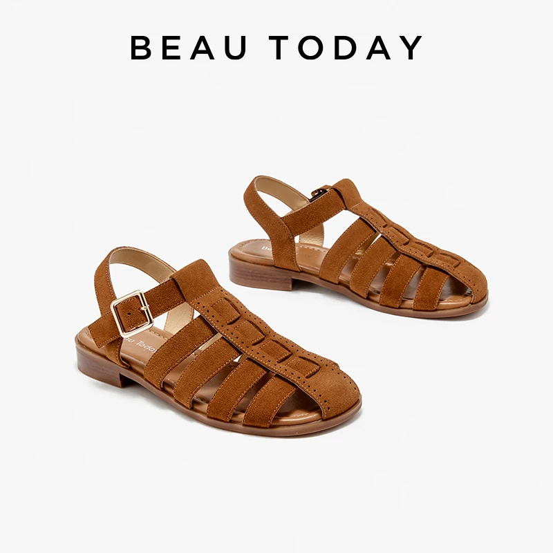 

BEAUTODAY Retro Gladiator Sandals Women Cow Suede Leather Cover Toe Cross Band Summer Beach Ladies Flat Shoes Handmade A33106