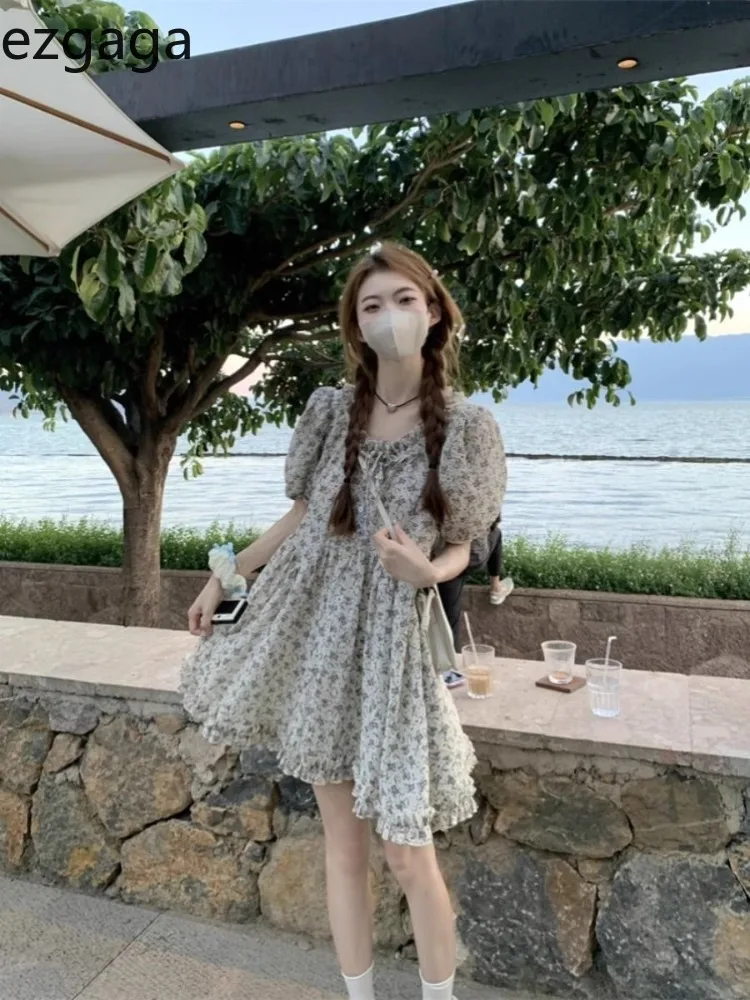 

Ezgaga Woman Dress Floral Printed Ruffles Puff Short Sleeve V Neck Summer Fashion Elegant Mini Dress Vintage Female Casual
