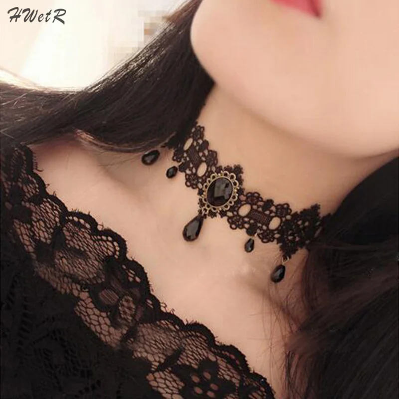 Gothic Black Choker Necklace Womens Crystal Tassel Sexy Lace Choker Soft Collar Chain Necklace Halloween Jewelry