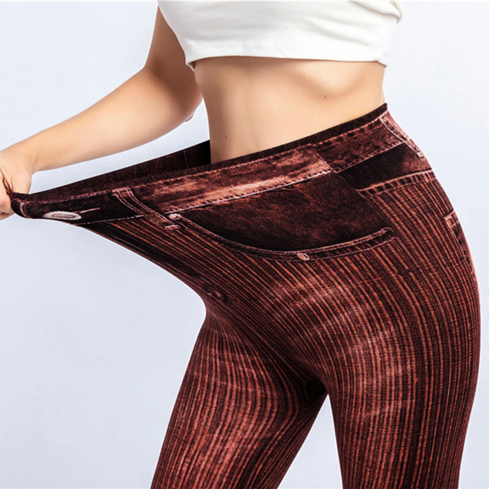 Warm Leggings For Women Elastic Fitness Jeans Pants Thermal Stripe Print Imitation Denim Leggings Tights Hiking Sweatpants