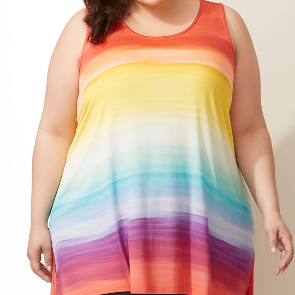 Plus Size Everyday Multicolor Ombre Crew Neck Rainbow Summer Tank Top