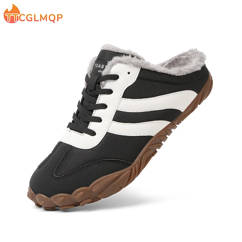 New Men Warm Cotton BareFoot Slippers Winter Home Plush Shoes Couple Thick Sole Warm Fur Slides Outdoor BareFoot Casual Shoes