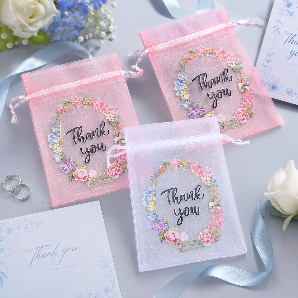 10 Stück Durchsichtige Organza-Geschenktüten mit Kordelzug "Danke" Blumendruck Schmuck-Aufbewahrungstaschen für Hochzeitsfeier-Aufbewahrung – Detail 4