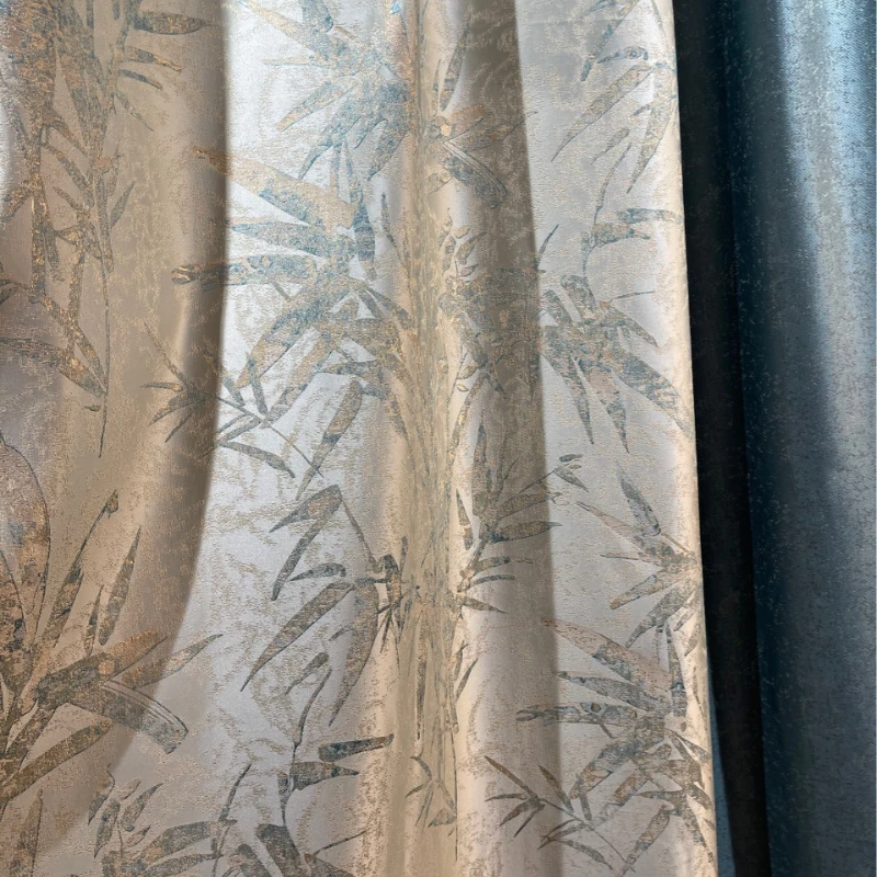 

New gold silk new Chinese style leaves bamboo high-precision jacquard high-end curtains Curtains for Living dining room bedroom