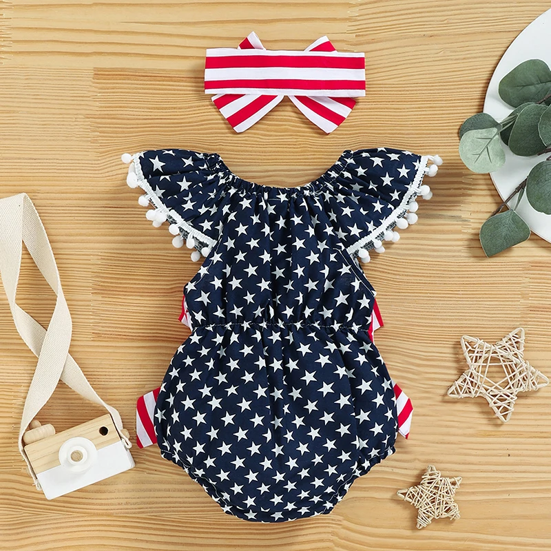 3Pcs Baby Boys 4th of July Set American Flag Print Romper Shorts Hat for Infant Patriotic Outfit for 0-24 Months