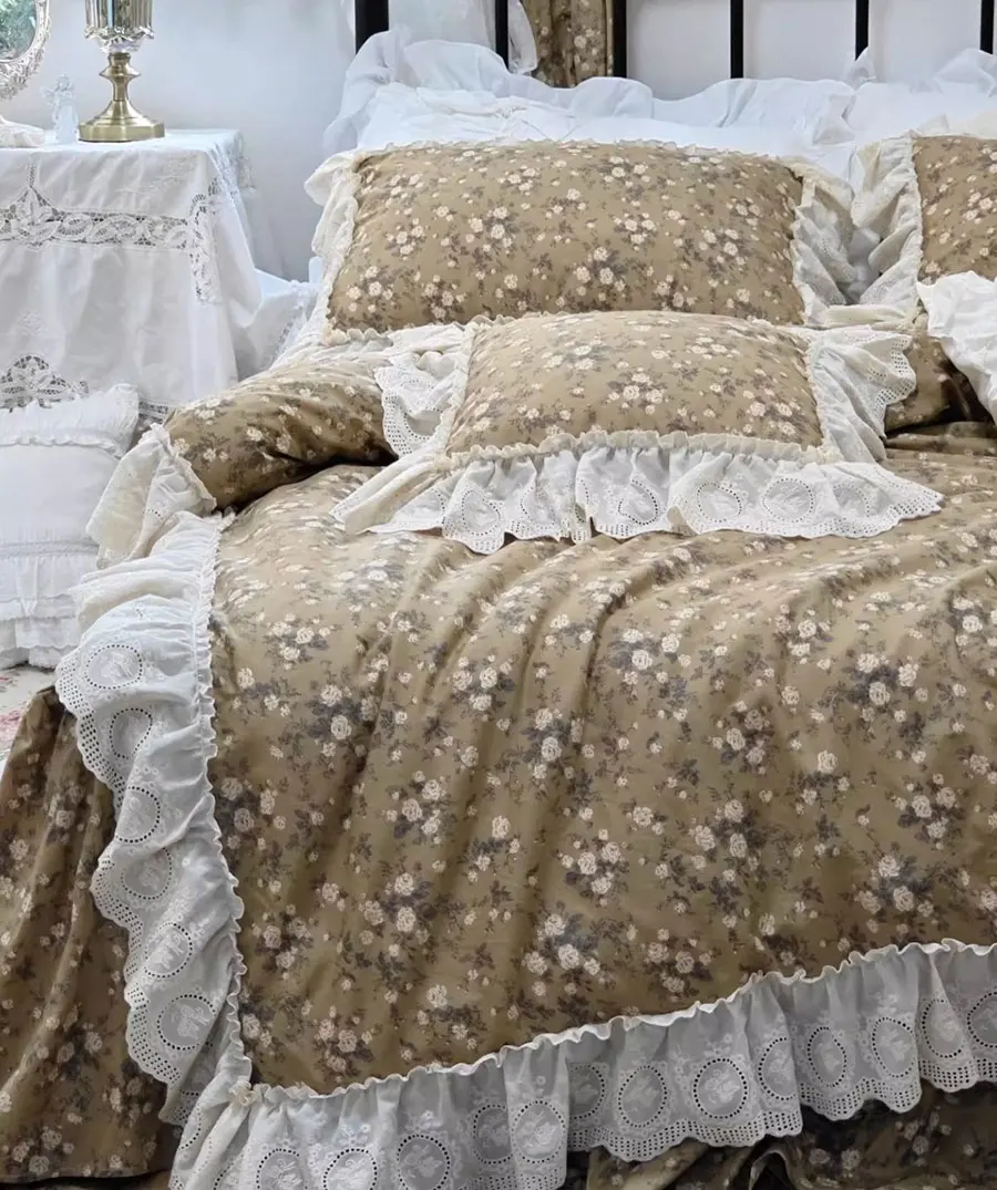 

Романтический комплект постельного белья с пасторальным цветочным принтом, полный королевский коричневый кружевной цветок, хлопковое домашнее текстильное покрывало, наволочка, пододеяльник