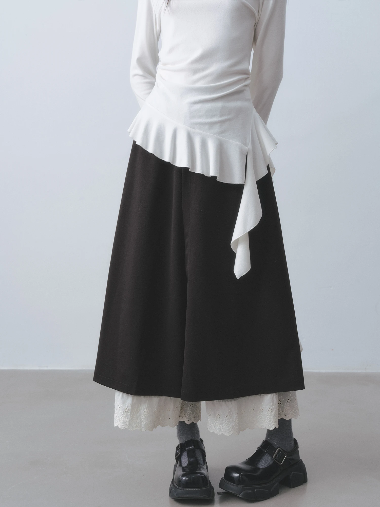 

Женская юбка-брюки Dirl Bla с кружевными вставками, асимметричным широким кроем, высокой талией, имитация двух предметов, повседневная, для отдыха