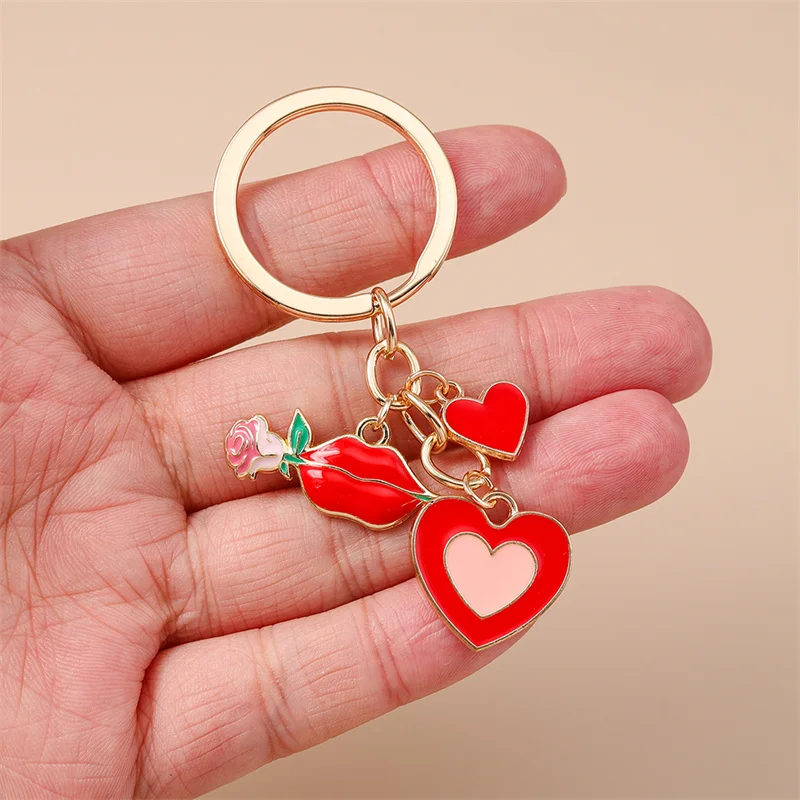 Niedlicher Schlüsselanhänger mit Herz, Emaille-Lippen und Rose für Damen und Herren, Auto-Schlüssel, Handtaschen-Anhänger, Schlüsselketten, DIY-Accessoires – Detail 15