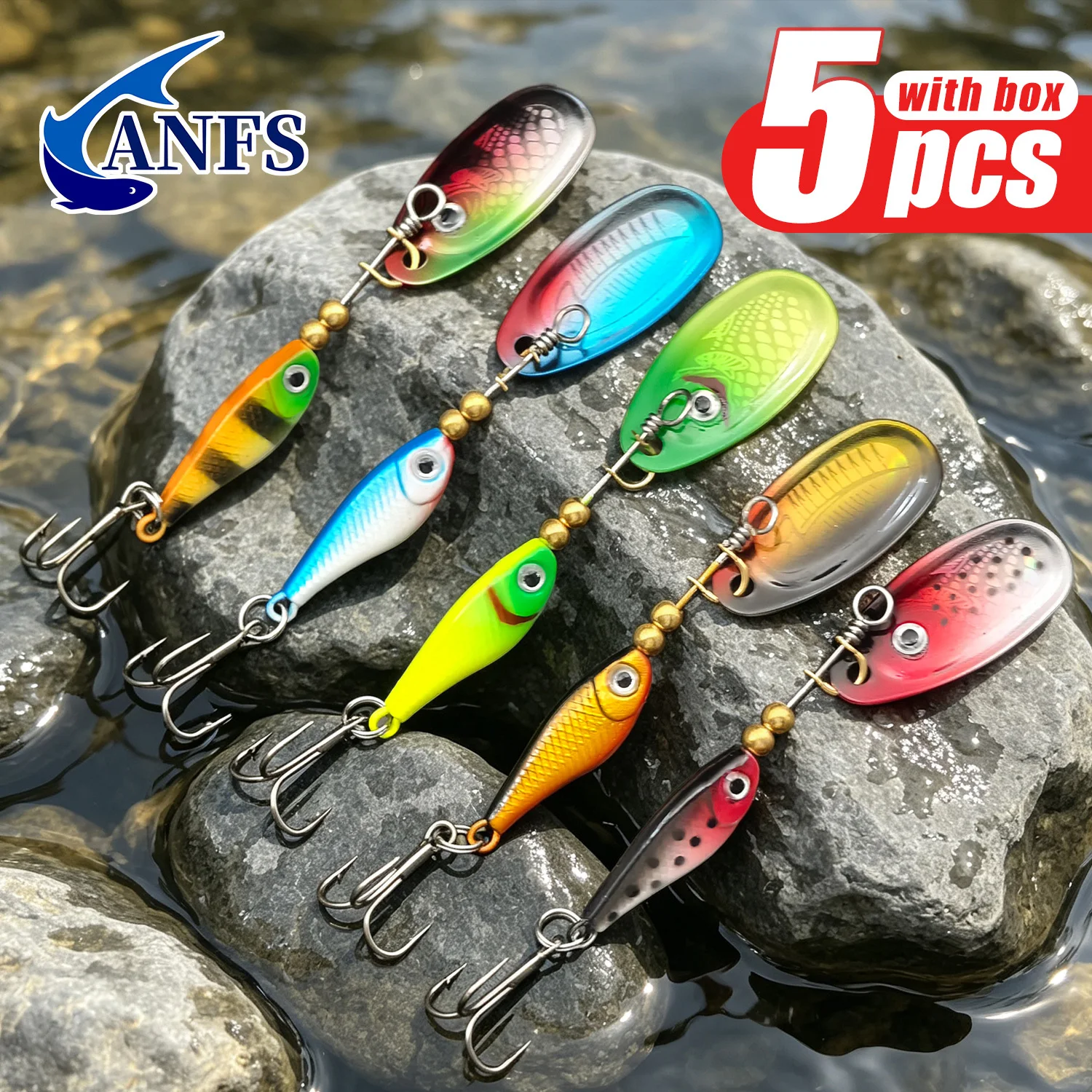 ANFS 5 Stück Angelköder Spinner-Köder für Süß- und Salzwasser, Harte Metallköder für Barsch, Forelle, Lachs mit Tackle-Box