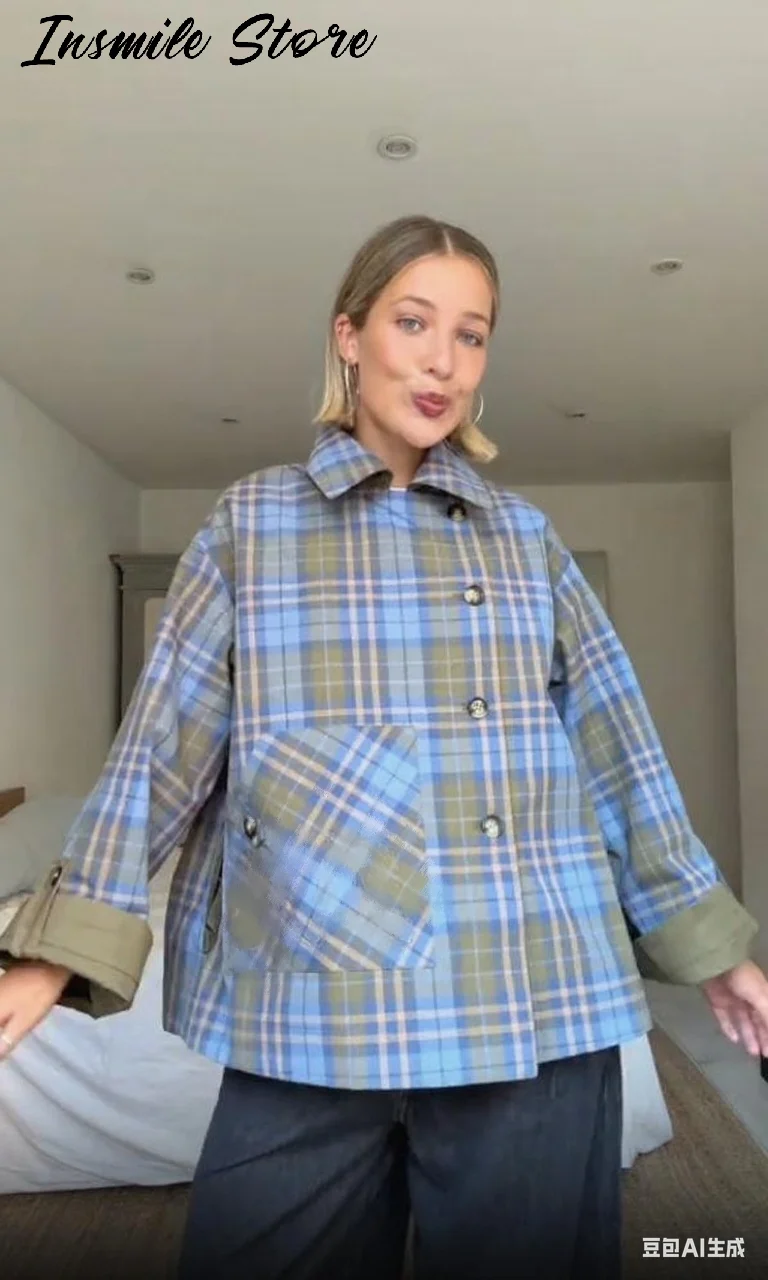 Elegantní kostkované oboustranné kabáty s klopou, jednořadé zapínání na dlouhý rukáv, kapsa, šněrovací bunda, podzim 2025, dámské ležérní svrchní oblečení, nové - náhled 4