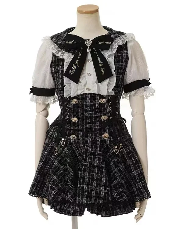 Japanese Style Lolita Sets 2023 Fall New Mine Mass-Produced Short Sleeve Mid-length Shirt and Plaid Tweed Shorts Two-Piece Suit