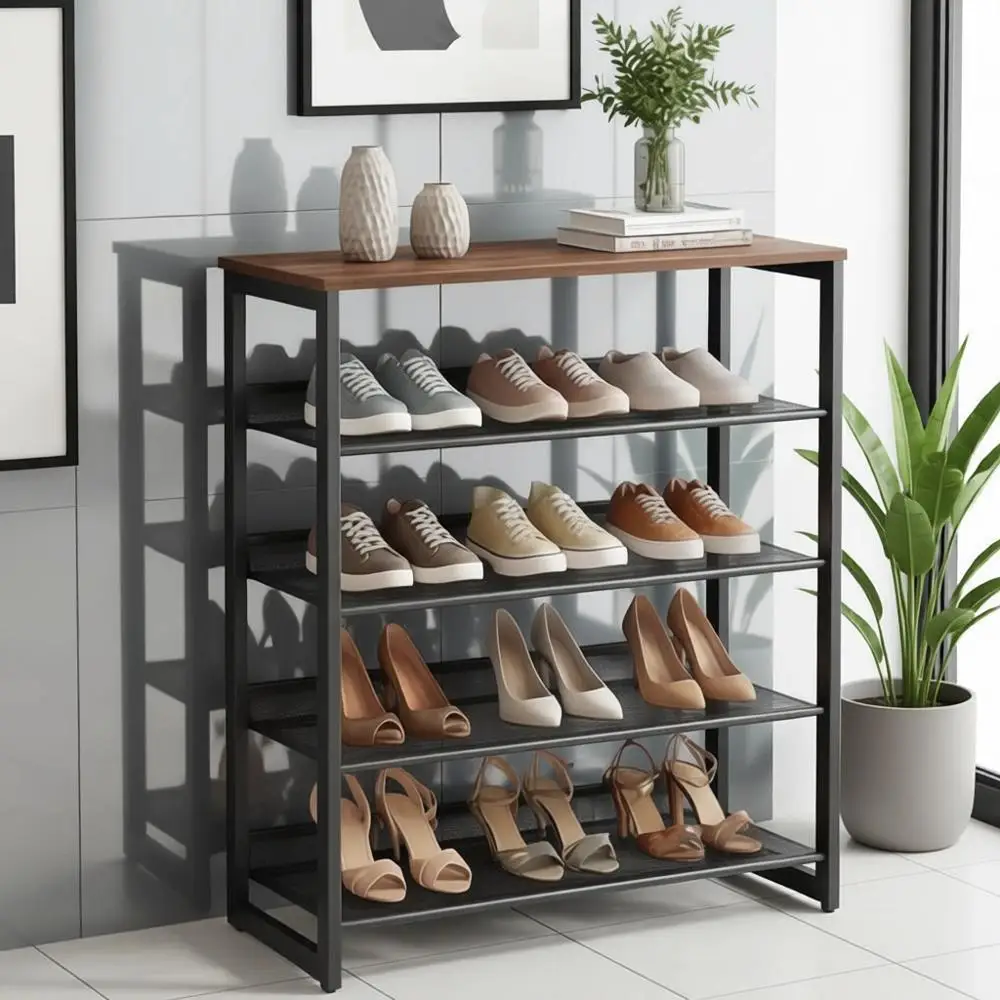 

5-ярусная металлическая полка для обуви с коричневой деревянной столешницей, регулируемые сетчатые полки, 11,8 глубина x 29 ширина x 36,5 высота (дюймы)