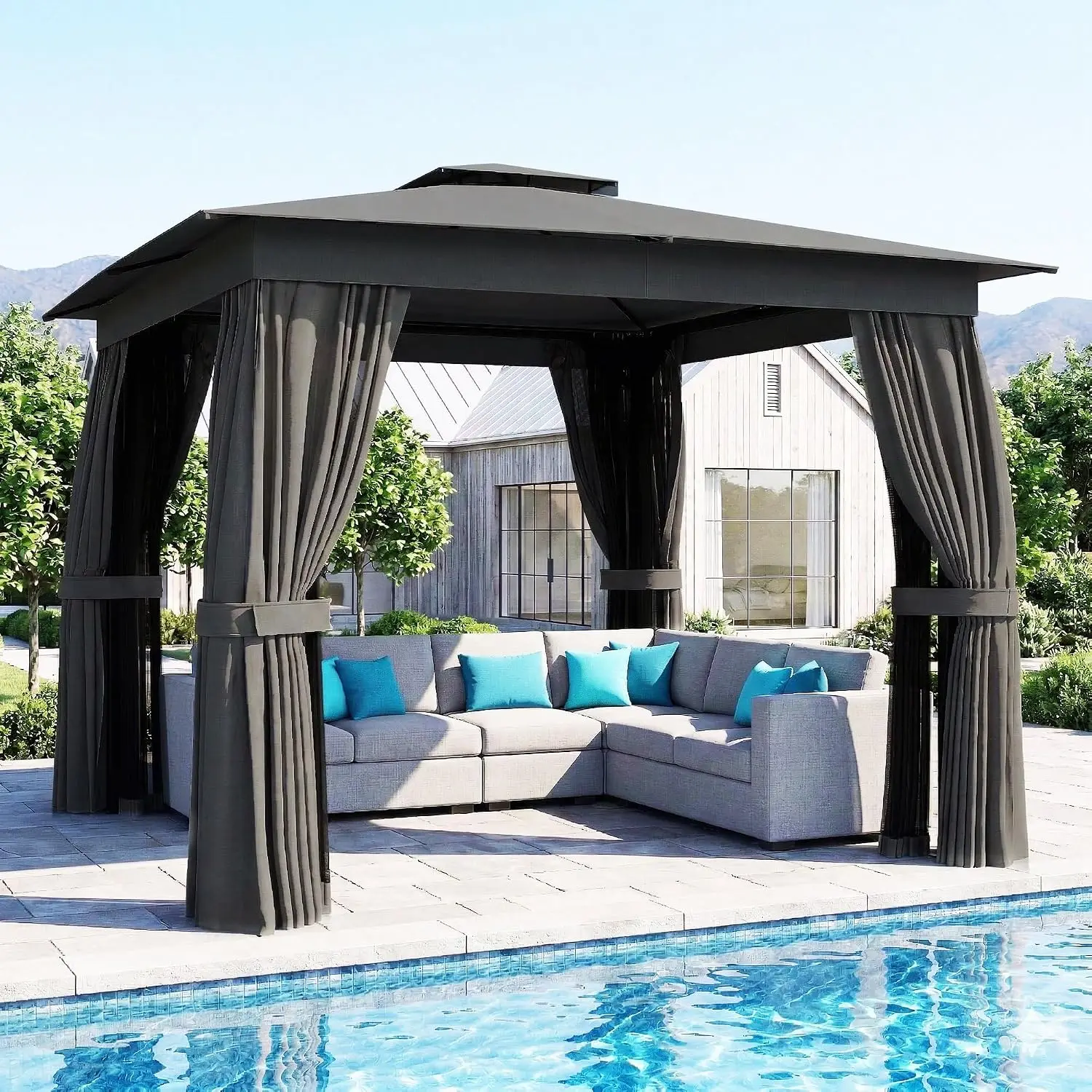 10' x 10' Outdoor Patio Gazebo with Double Roof, Dark Gray | Heavy Duty Gazebo Canopy Shelter, Curtains, Netting,, Customized