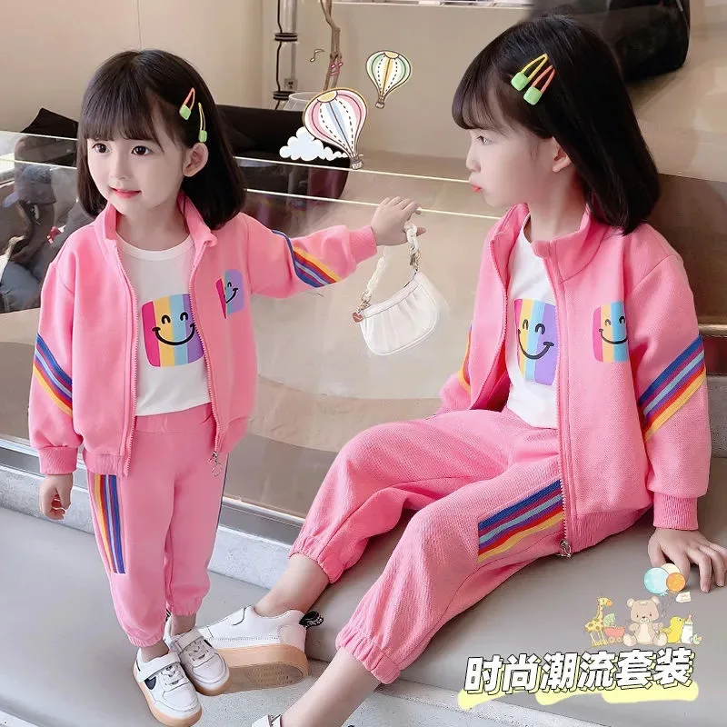 Girls' autumn suit 2024 new children's foreign style rainbow 2-piece set for girls to wear sportswear outside spring and autumn