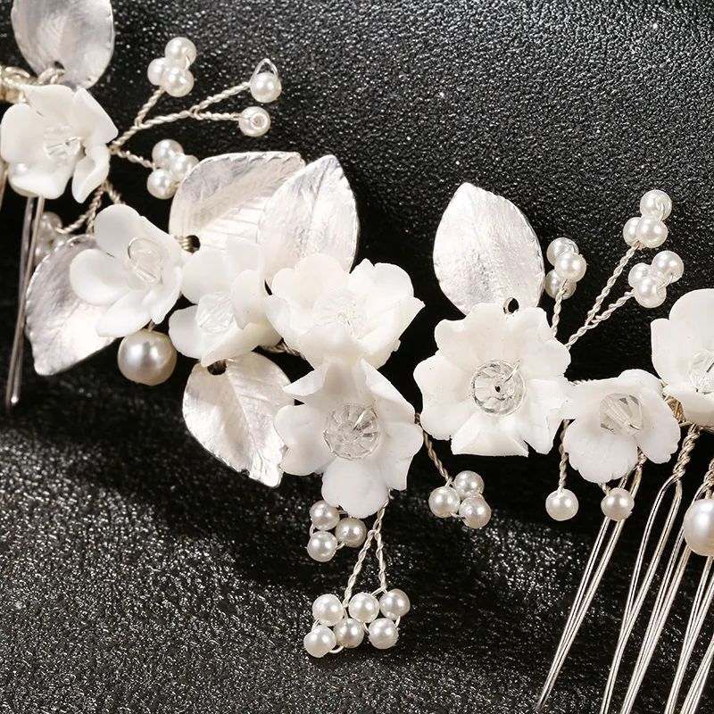SLBRIDAL Handgefertigter Kristall-Strass-Perlen-Keramikblumen Braut-Haarkamm Hochzeits-Haaraccessoires Brautjungfern Damenschmuck – Detail 6