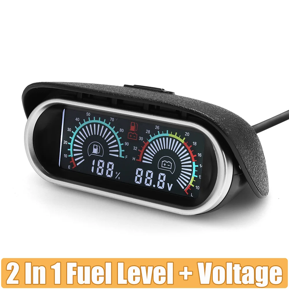 2-in-1-LCD-LKW-Messgerät für Autos, 0–199 Ohm, Kraftstoffstandsanzeige + Voltmeter, LED-Messgerät für Benzin-Dieselmotor, 12 V, 24 V, horizontales Messgerät