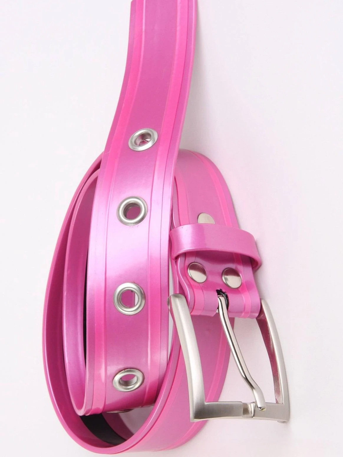 

rubber pink latex belt with metal eyelets and silver buckle adjustable waist strap fashion accessory cute party clubwear