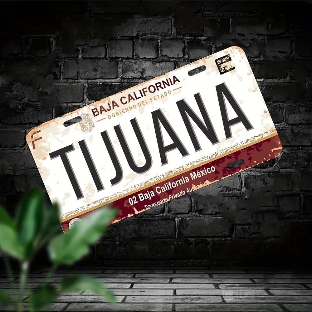 Vintage Mexican License Plate Metal Tin Sign - 15.24x30.48 cm Baja California & Tijuana Wall Art, Distressed White/Red/Black Ret