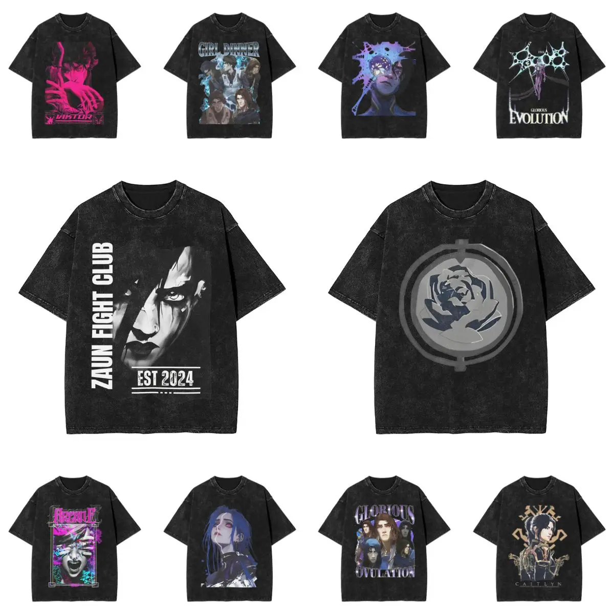 Men's T Shirt Jayce Caitlyn Viktor Jesus Vi Sevika Arcane Character Washed T-Shirts Harajuku Tees Classic Clothes Hot Sale