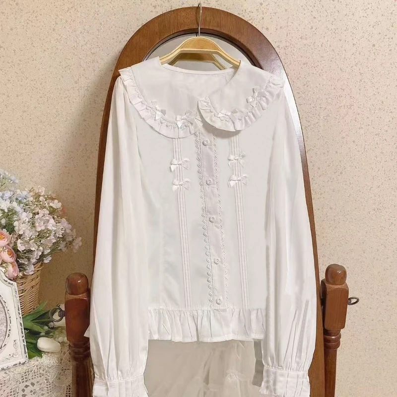 Deeptown Kawaii Lolita Black Blouses Women Japanese Style Bow Babydoll Tops Vintage Cutecore Preppy Style Sweet White Shirts