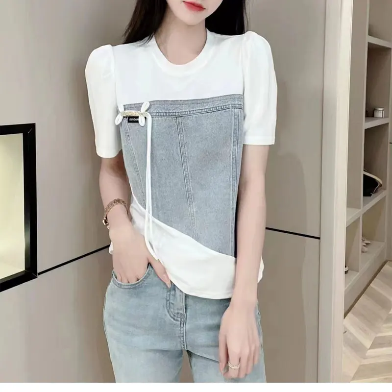 Female Clothing Solid Color Shirt Casual Denim Patchwork Summer Chic Three-dimensional Decoration Drawstring Asymmetrical Blouse