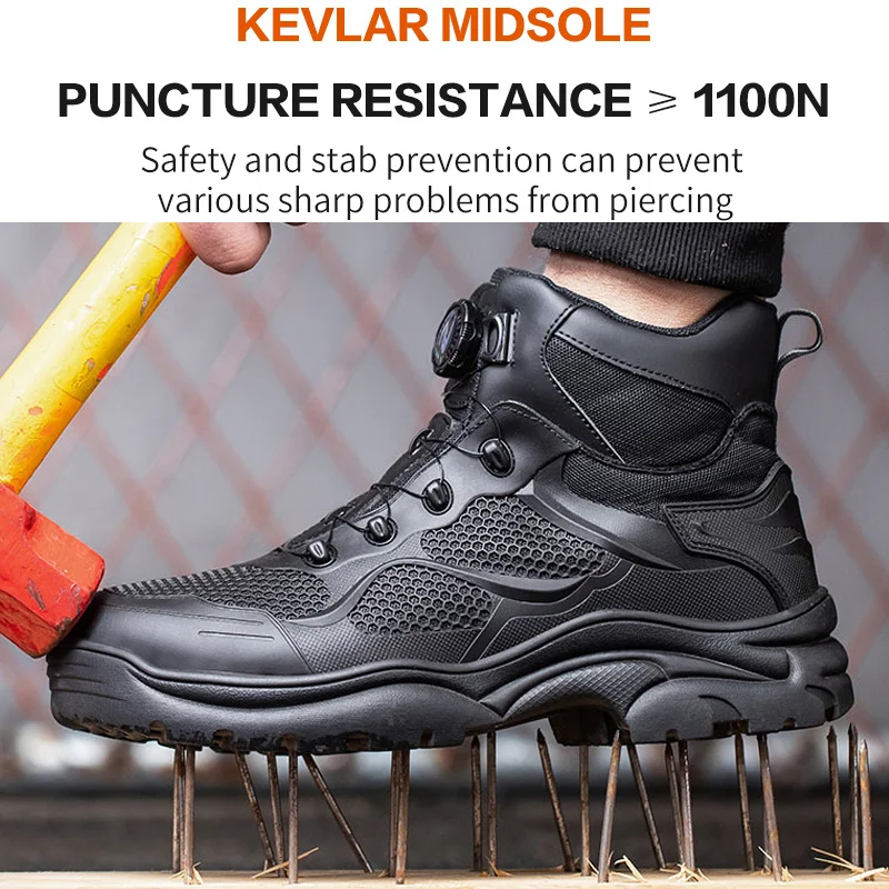 Autumn Rotary Buckle Work Boots Safety Steel Toe Shoes For Men Black Safety Shoe Men\'s Indestructible Puncture-Proof Work Shoes