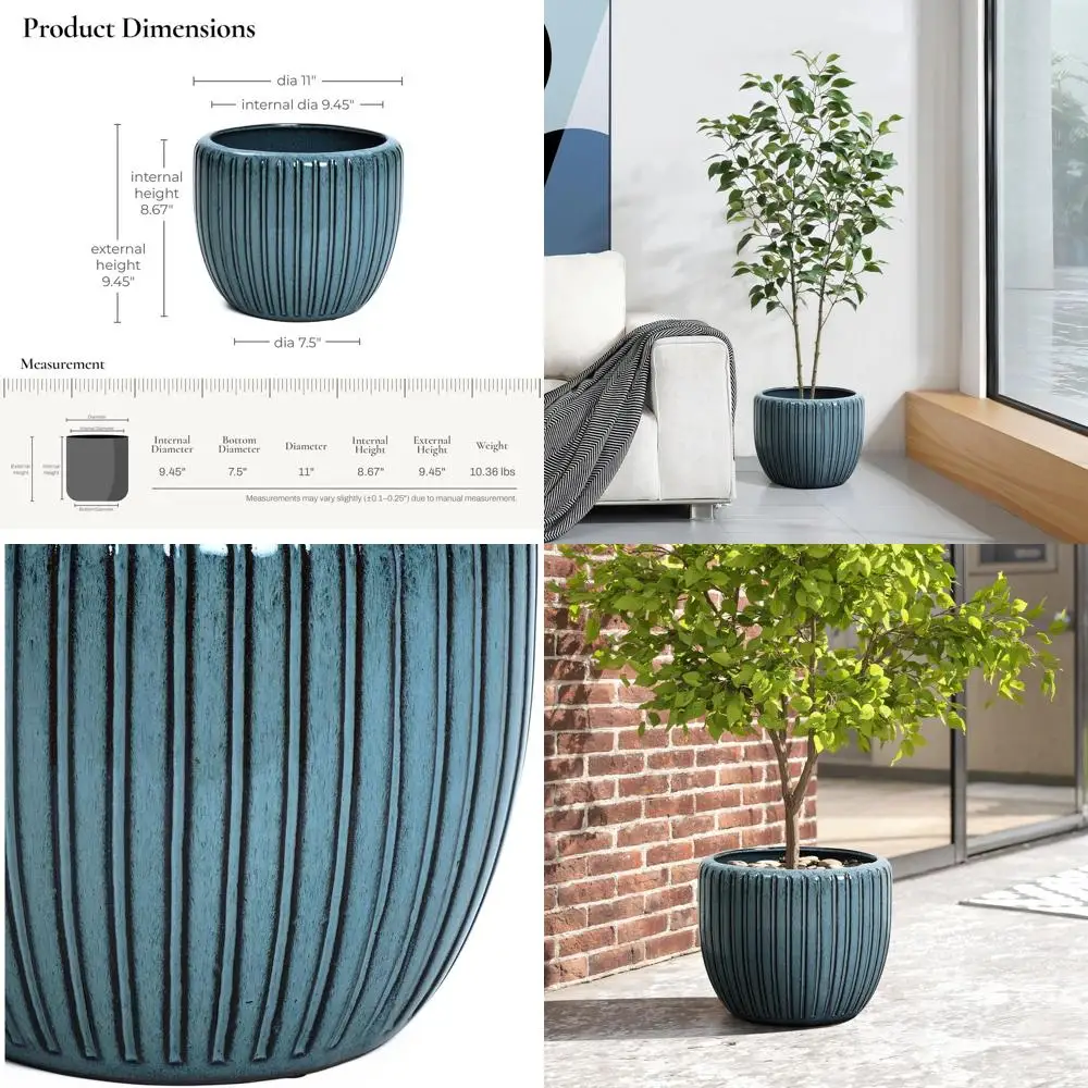 

Кашпо ребристые морского зеленого цвета диаметром 11 дюймов с дренажем для использования в помещении и на улице