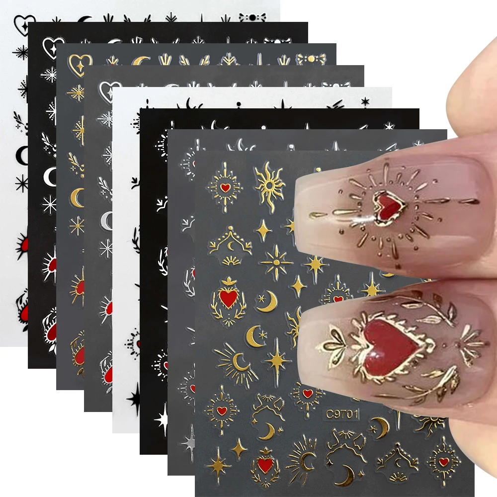 3D Gold Metallic Gem Love Heart Nail Stickers Stars Moon Nail Art Stickers Adhesive Sliders DIY Manicure Decoration Nail Decals