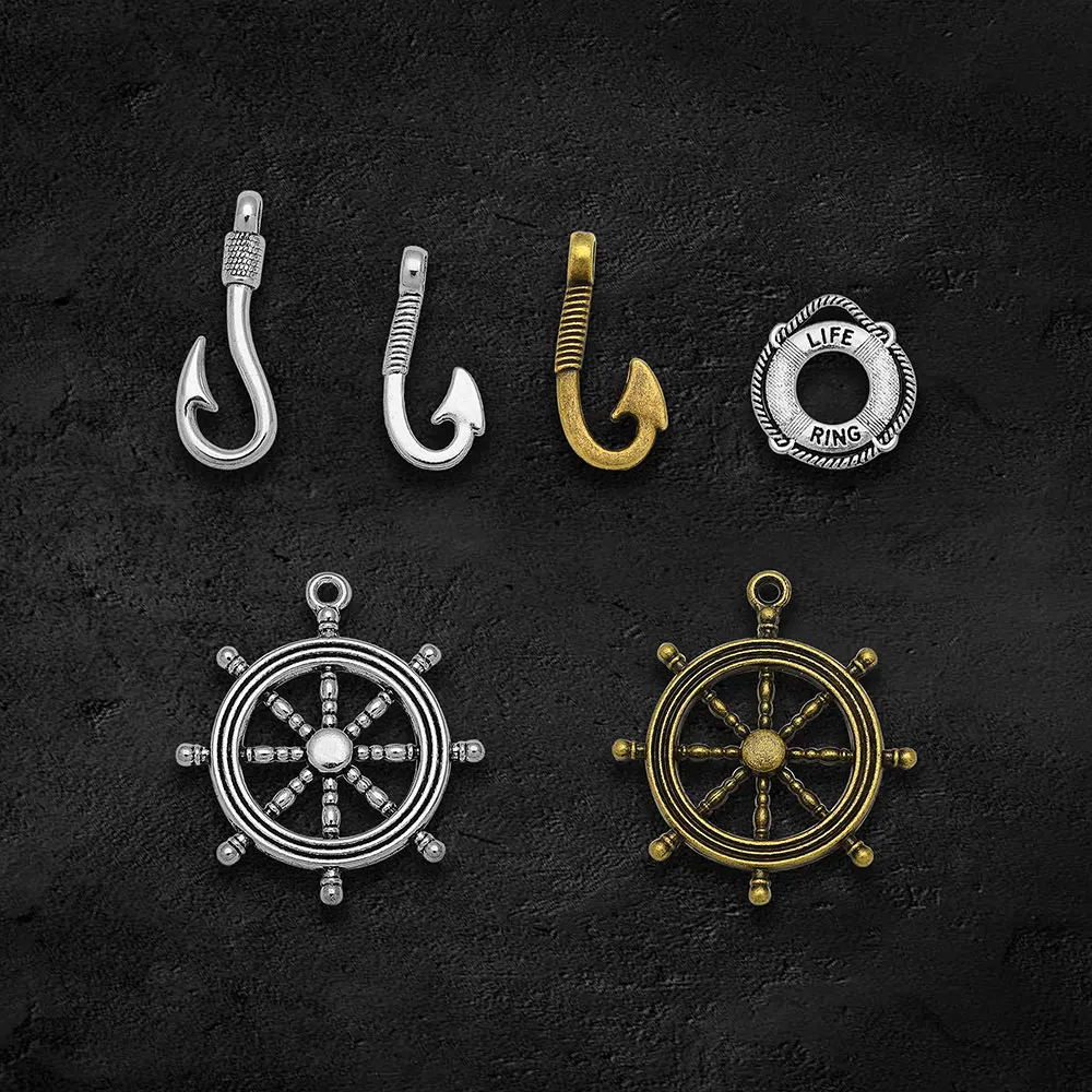 Antique Silver Plated Ocean Anchor Rudder Fish Hook Charms Nautical Pendants For Diy Jewelry Making Findings Craft Wholesale