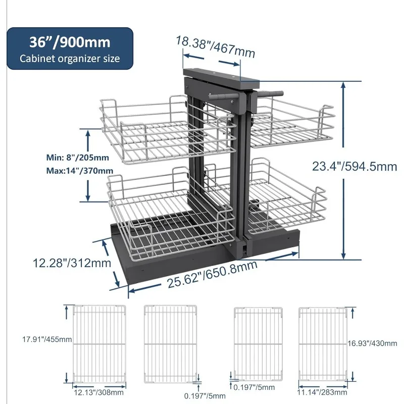 Выдвижной органайзер для слепых углов для шкафа диаметром 36 дюймов, совместим с левым и правой открытием, с минимальным отверстием, 15 дюймов, 2-уровневая выдвижная корзина