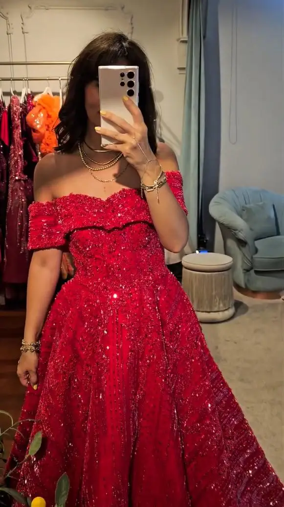 FATAPAESE Haute Couture strass perles rouge robes de soirée de luxe robe de bal Cap manches robe de noël robe d'invité de mariage