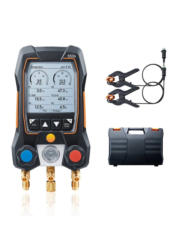 Testo550S Digital Manifold Gauge Refrigeration Electic Refrigerant Meter Set with 2pcs Clamp Probes 0563 1550 or 1.5M/1M Hoses