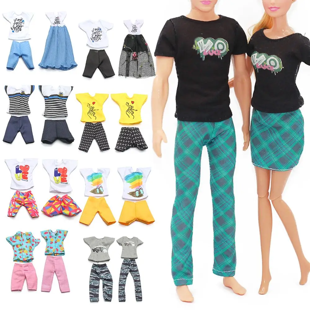 2 Set Barbies Kens Clothes Couple Outfit Point Dress Shirt Denim Grid Skirt Daily Casual Wear Barbies Playing House Doll Clothes